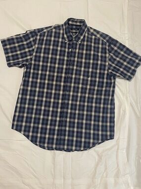 Nautica Short Sleeve Navy and White Plaid Button-Down Shirt